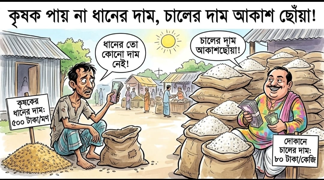 কৃষকের ঘরে ধান,বাজারে দাম তলানিতে; চালের বাজারে উঠলেই আকাশছোঁয়া,উৎপাদন খরচ তুলতেই হিমশিম কৃষক